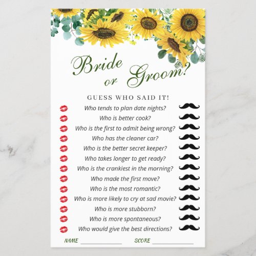 Budget FLYER PAPER Sunflower Bridal Game