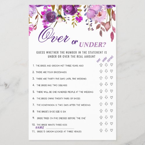 Budget FLYER PAPER Violet Peony Bridal Shower Game