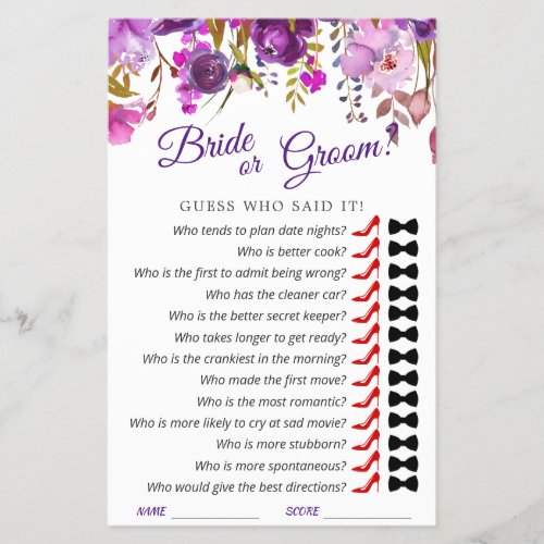 Budget FLYER PAPER Violet Peony Bridal Shower Game