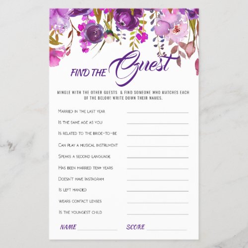 Budget FLYER PAPER Violet Peony Bridal Shower Game