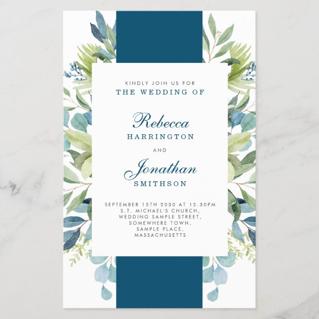 Budget Foliage Blue Wedding RSVP Invitation Flyer (Front)