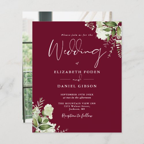 Budget Foliage Burgundy Photo Wedding Invitation