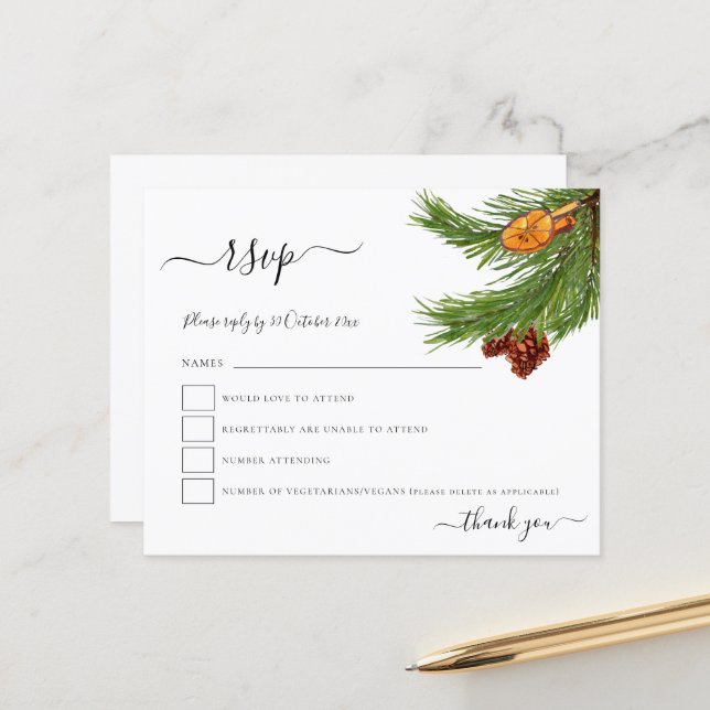 Budget Foliage Cones Orange Christmas Wedding RSVP (Front/Back In Situ)