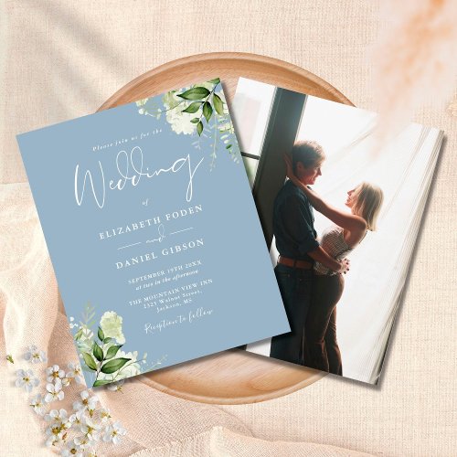 Budget Foliage Dusty Blue Photo Wedding Invitation