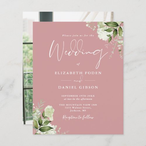 Budget Foliage Dusty Rose Photo Wedding Invitation