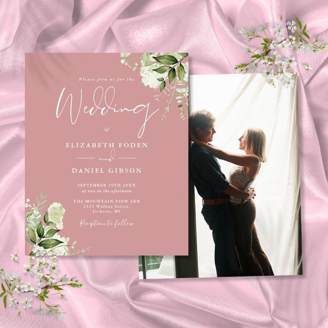 Budget Foliage Dusty Rose Photo Wedding Invitation (Budget Foliage Dusty Rose Photo Wedding Invitation)