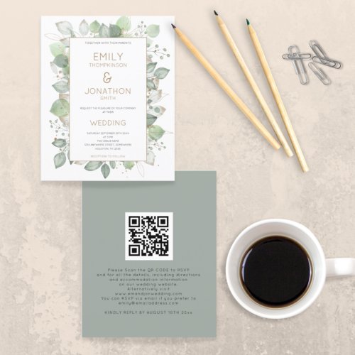 Budget Foliage Gold Sage QR Code Wedding Invite