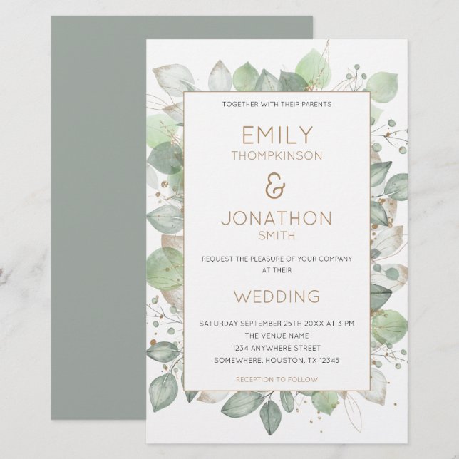 Budget Foliage Gold Sage Wedding Larger Invitation (Front/Back)