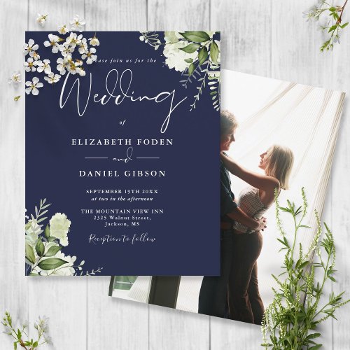 Budget Foliage Navy Blue Photo Wedding Invitation