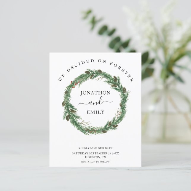 Budget Foliage Pine Cones Christmas Save The Date (Standing Front)