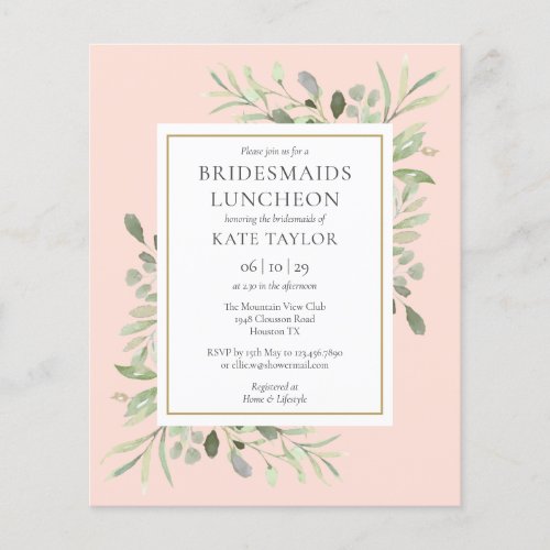 Budget Foliage Pink Bridesmaids Luncheon Invite - Featuring delicate watercolor leaves on a blush pink background, this chic budget bridesmaids luncheon invitation can be personalized with your special event details. Designed by Thisisnotme©