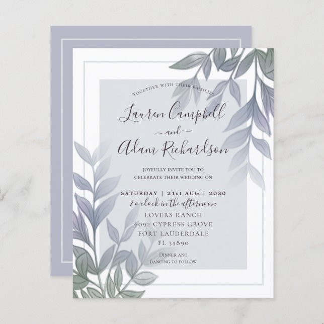 Budget Foliage Purple Lilac Wedding Invitation (Front/Back)