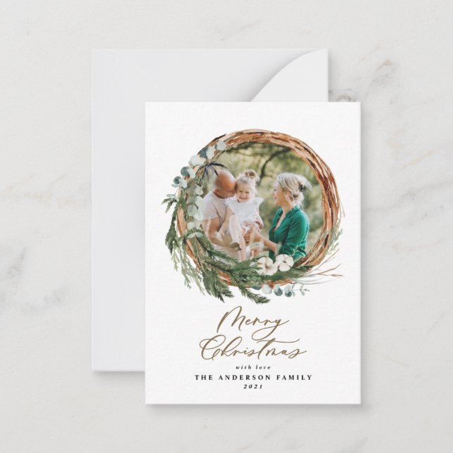 budget foliage wreath merry christmas script note card (Front)