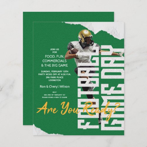 Budget Football Player Game Day Green Invitations