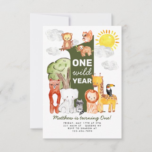 Budget Forest Animals ONE Wild Year Kids Birthday Note Card (Front)