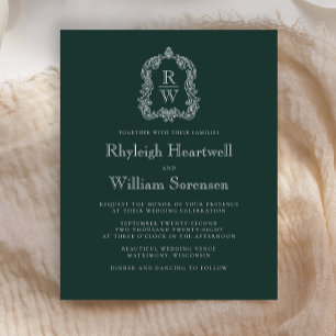 Budget Forest Green Monogram Crest Wedding Invite