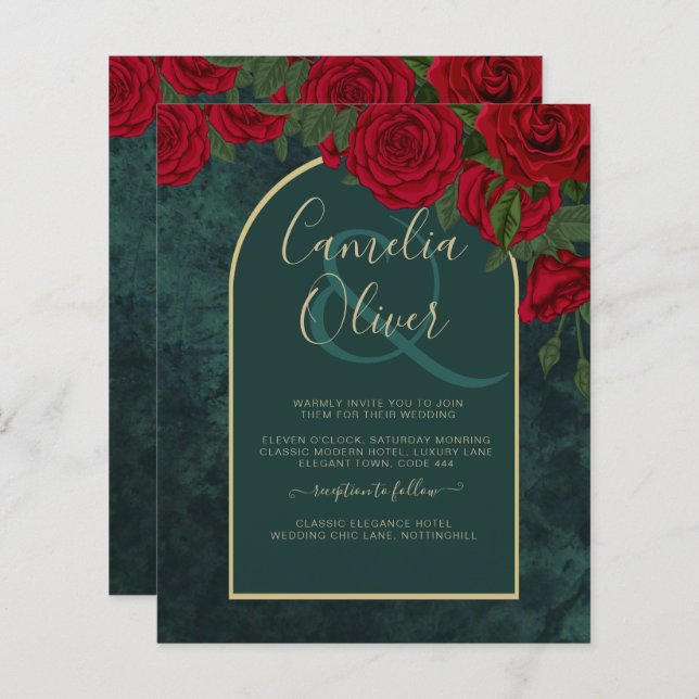BUDGET ForestGreen RED Roses Winter Wedding INVITE (Front/Back)