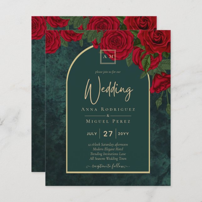 BUDGET ForestGreen RED Roses Winter Wedding INVITE (Front/Back)