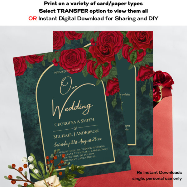 BUDGET ForestGreen RED Roses Winter Wedding INVITE Flyer