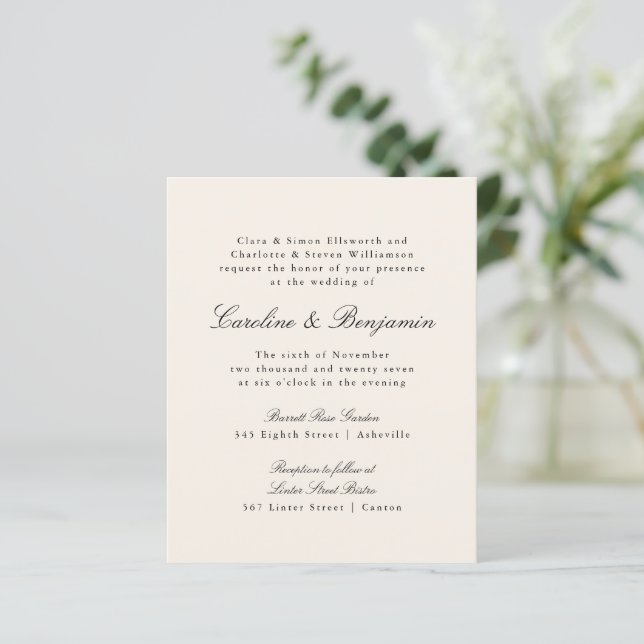Budget Formal Script Ivory Wedding Invitation (Standing Front)