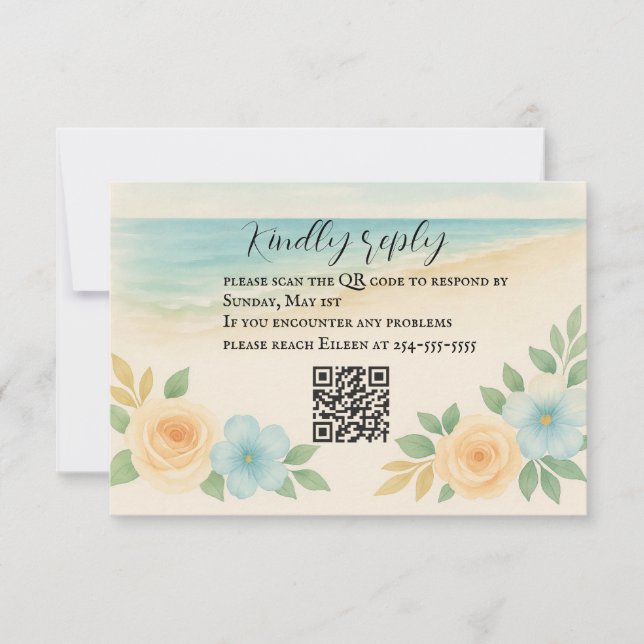 Budget Friendly Floral Beach QR Code RSVP Card (Front)