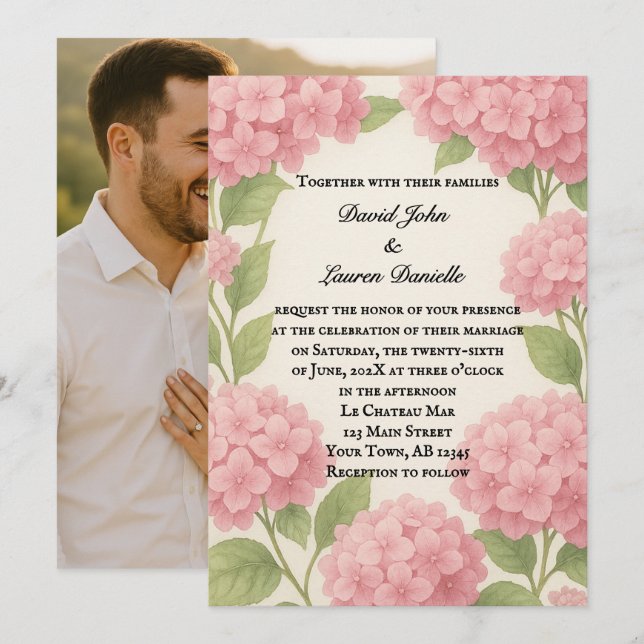 Budget Friendly Pink Hydrangea Photo Wedding Invitation (Front/Back)