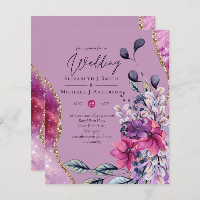 BUDGET Fuchsia Violet Purple Floral Wedding Invite (Front/Back)