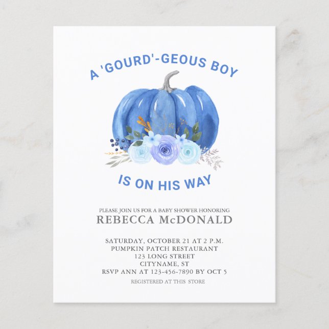 Budget Fun Blue Pumpkin Baby Boy Shower Invitation Flyer (Front)