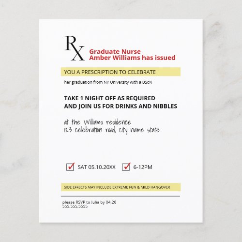 Budget Fun Novelty Prescription Nurse Grad Invite