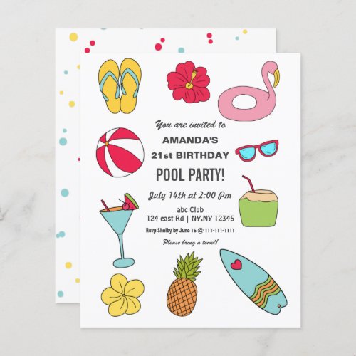 Budget Fun Summer Pool Party Birthday Invitation