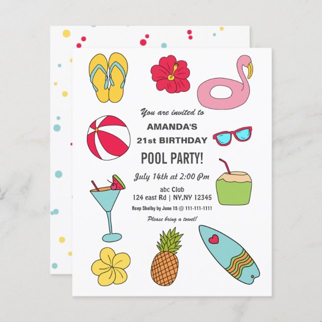 Budget Fun Summer Pool Party Birthday Invitation (Front/Back)