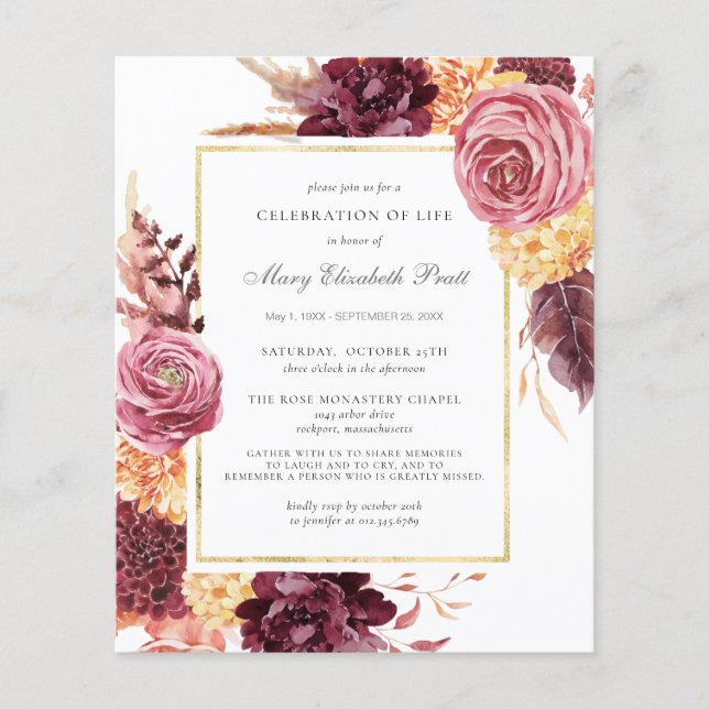 Budget Funeral Burgundy Pink Floral Invitation (Front)