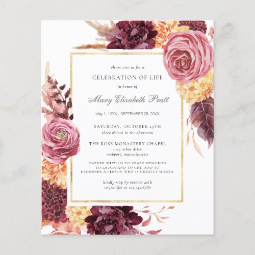 Budget Funeral Burgundy Pink Floral Invitation