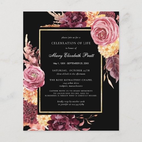 Budget Funeral Burgundy Pink Floral Invitation