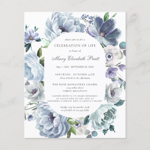 Budget Funeral Dusty Blue Floral Invitation