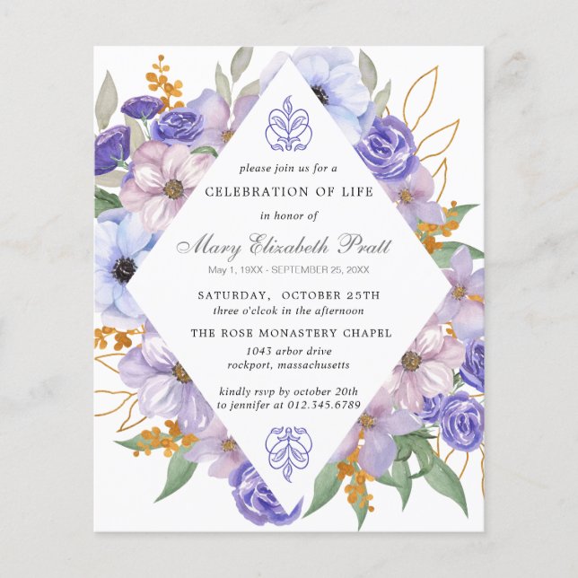 Budget Funeral Invitation Purple Floral (Front)
