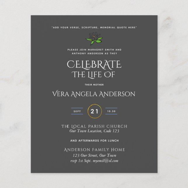 BUDGET Funeral Memorial INVITE Celebration of Life (Front)