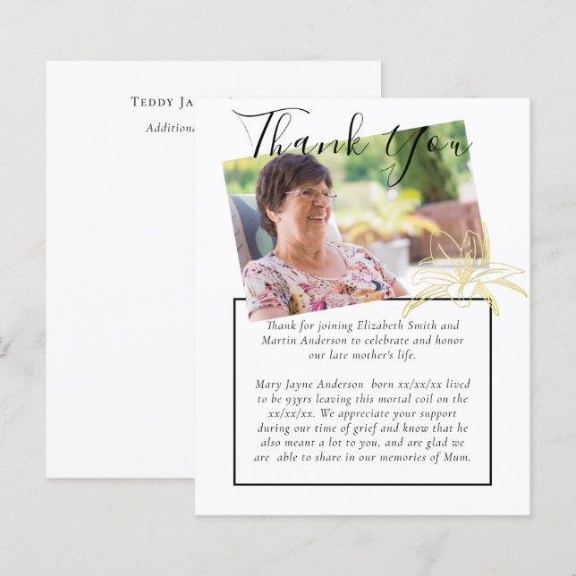 BUDGET Funeral Thank You Photo Gold Lilly (Front/Back)