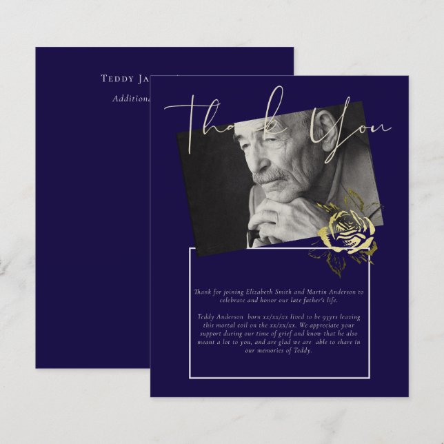 BUDGET Funeral Thank You Photo Navy Blue Gold (Front/Back)