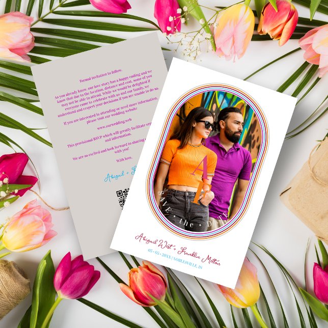 BUDGET Funny Wedding Modern Oval Minimalist Photo (Budget Modern Multicolored Minimalist Oval Photo Affordable Wedding Save the Date Card.)