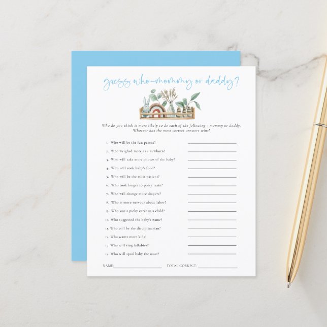 Budget Game Guess Who Mom Dad Blue Baby Shower (Front/Back In Situ)