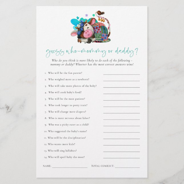 Budget Game Guess Who Mom Dad Cow Baby Shower (Front)