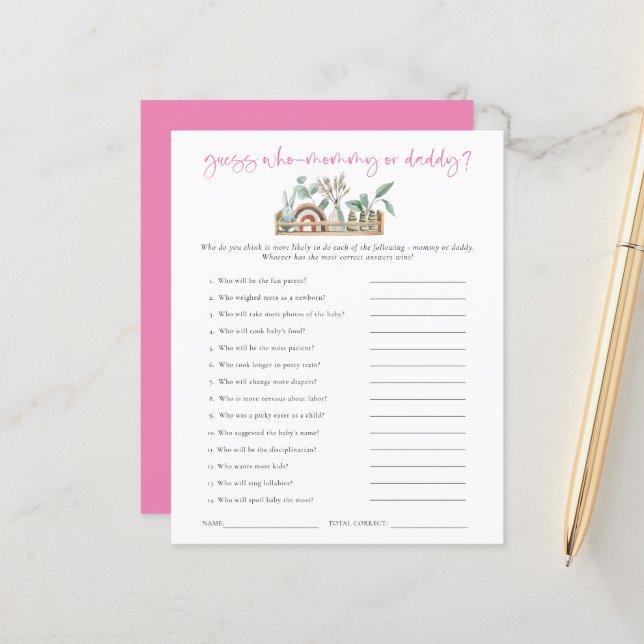 Budget Game Guess Who Mom Dad Pink Baby Shower (Front/Back In Situ)