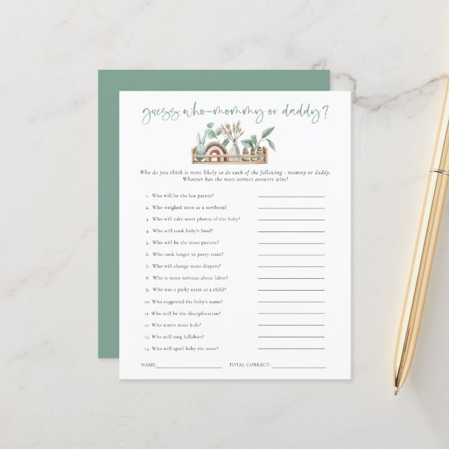 Budget Game Guess Who Mom Dad Sage Baby Shower (Front/Back In Situ)