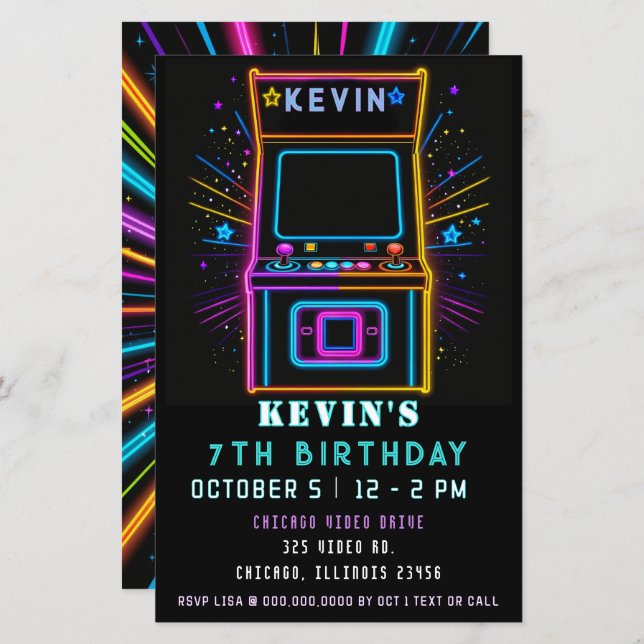 Budget Gaming Fun Neon Glow Arcade Birthday Invite (Front/Back)
