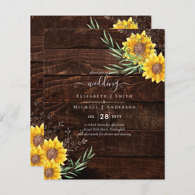 BUDGET Garden Sunflowers Rustic Wood Wedding (Front/Back)