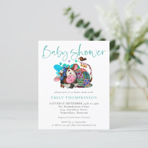 Budget Gender Neutral Cow Teal Baby Shower Invite