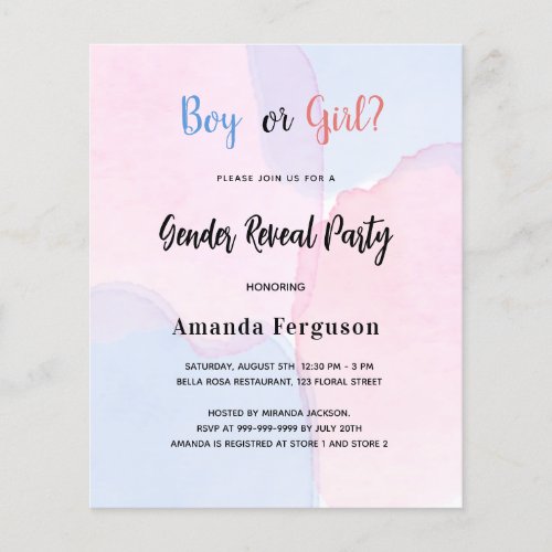Budget gender reveal party pink blue invitation
