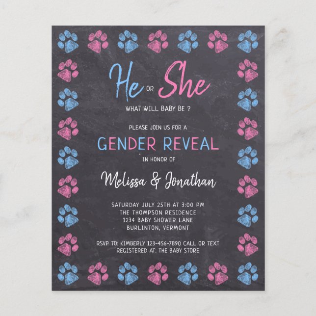 Budget Gender Reveal Paw Prints Blue Pink (Front)