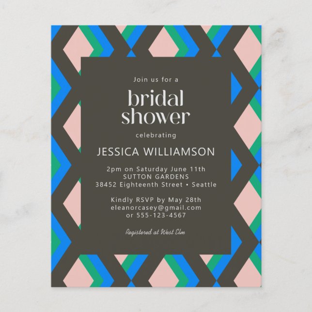 Budget Geometric Brown Blue Bridal Shower Invite (Front)